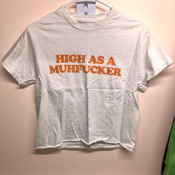 “High as a MF” white & neon orange cropped T-shirt - Picture 1 of 3